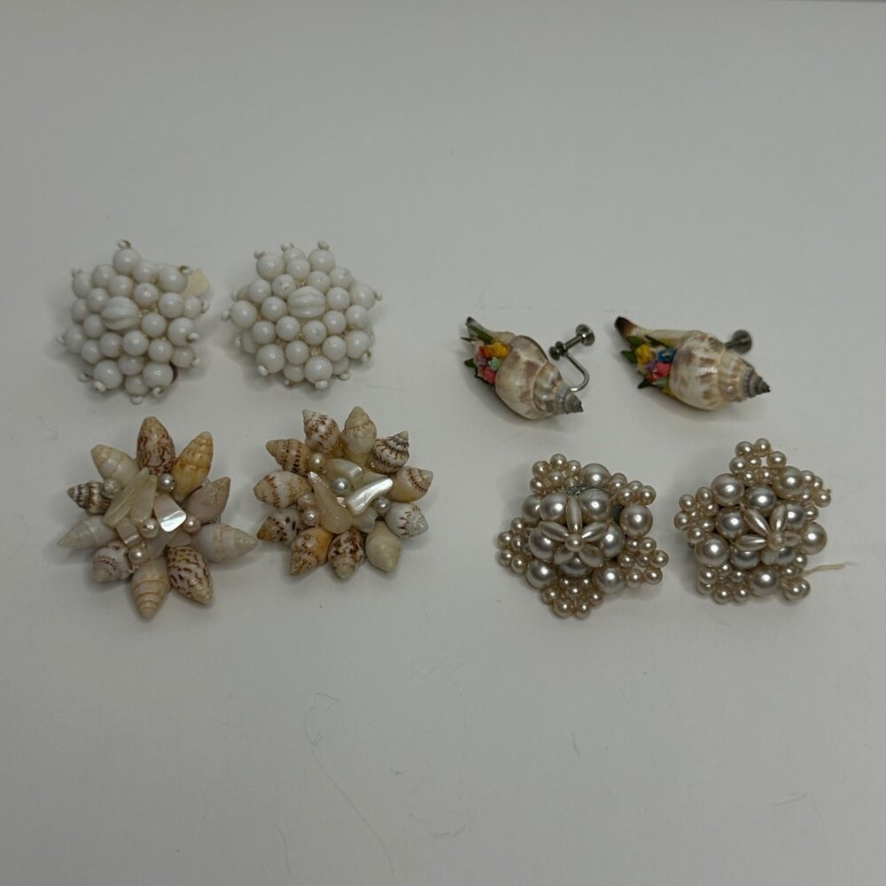 Vintage Beaded & Shell Clip-On Earrings Set of 4  Beach-Themed Jewelry